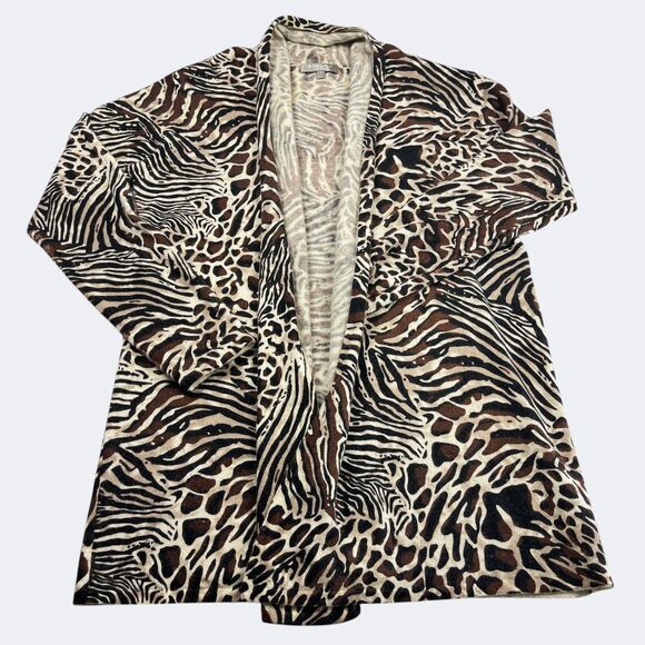 Neiman Marcus Cashmere Animal Print Cardigan L Luxe Drape Open Front Safari Glam - Picture 1 of 10